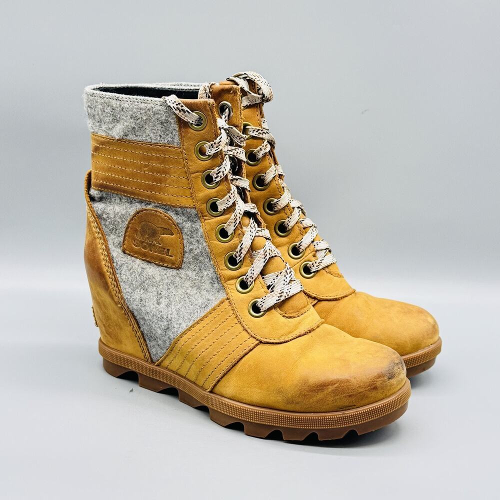 Sorel Boots Womens 7.5 Brown Gray Leather Lexie Lace Up Wedge Round Toe Booties - Picture 2 of 13